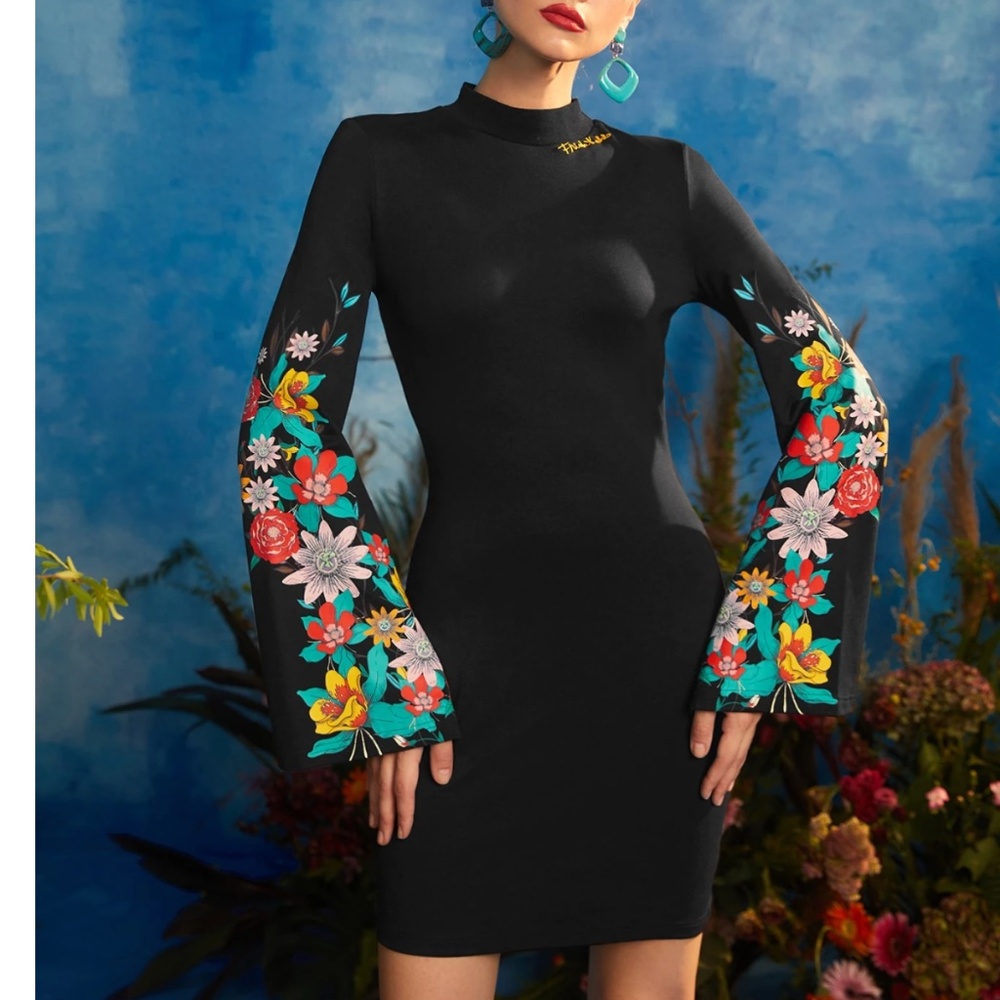 NWT Frida Kahlo x SHEIN Floral Sleeve Black Dress – Women’s L